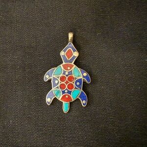 on hold- Silver Turtle Enamel Pendant - Turquoise, Coral, Lapis Lazuli